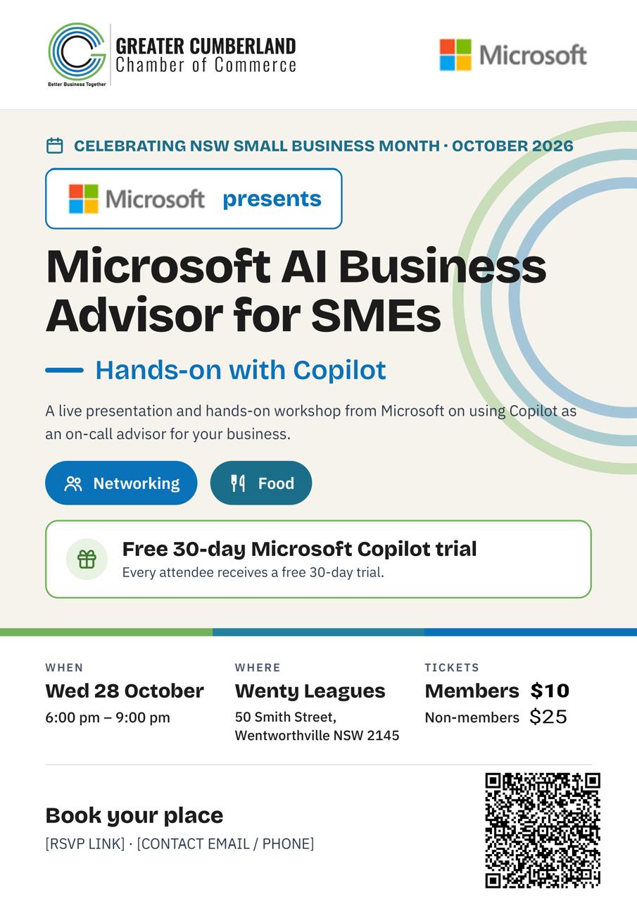 Microsoft presents: Microsoft AI Business Advisor for SMEs, hands-on with Copilot. Wednesday 28 October, 6 to 9 pm, Wenty Leagues, 50 Smith Street, Wentworthville. Members $10, non-members $25. Every attendee receives a free 30-day Copilot trial.